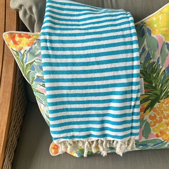 Riviera Striped Fringed Cotton Throw Blanket - Picture 2 of 6